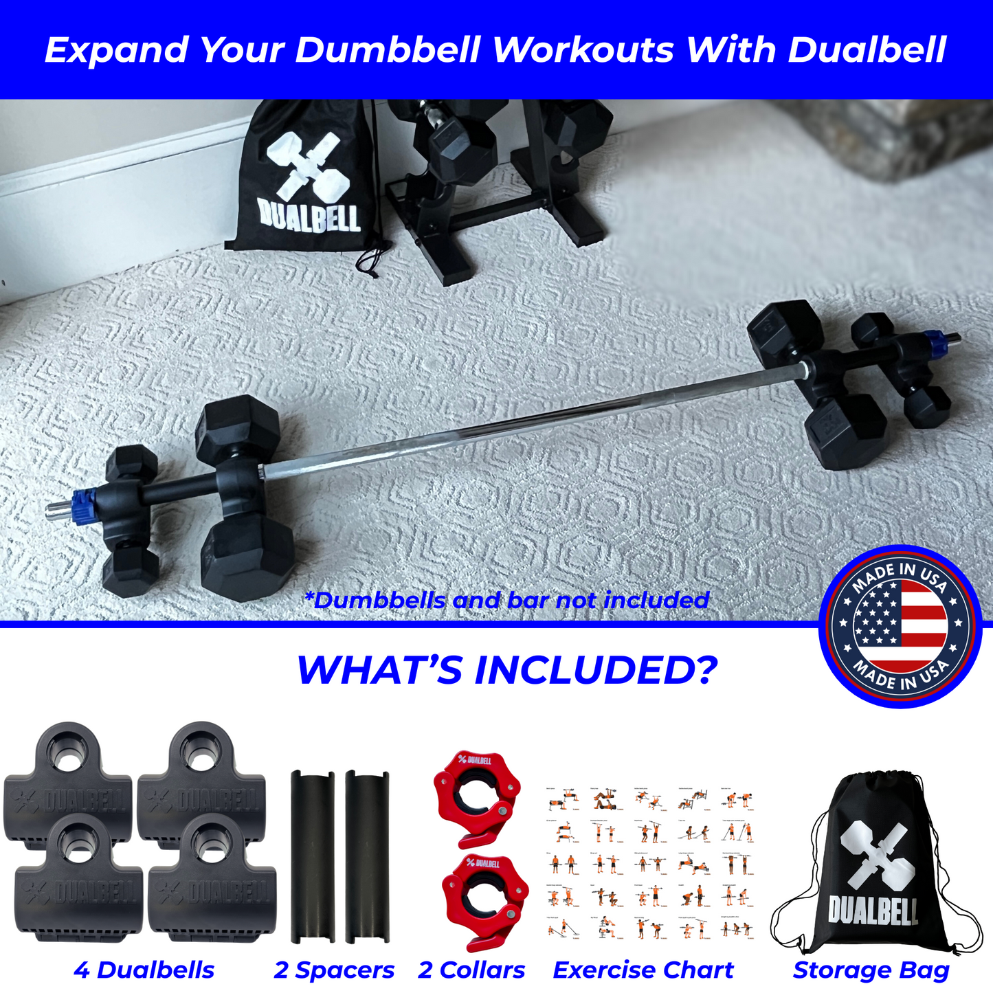 Dualbell Superset Bundle- Dumbbells on Barbell Adapter 4-pack w/barbell clamps