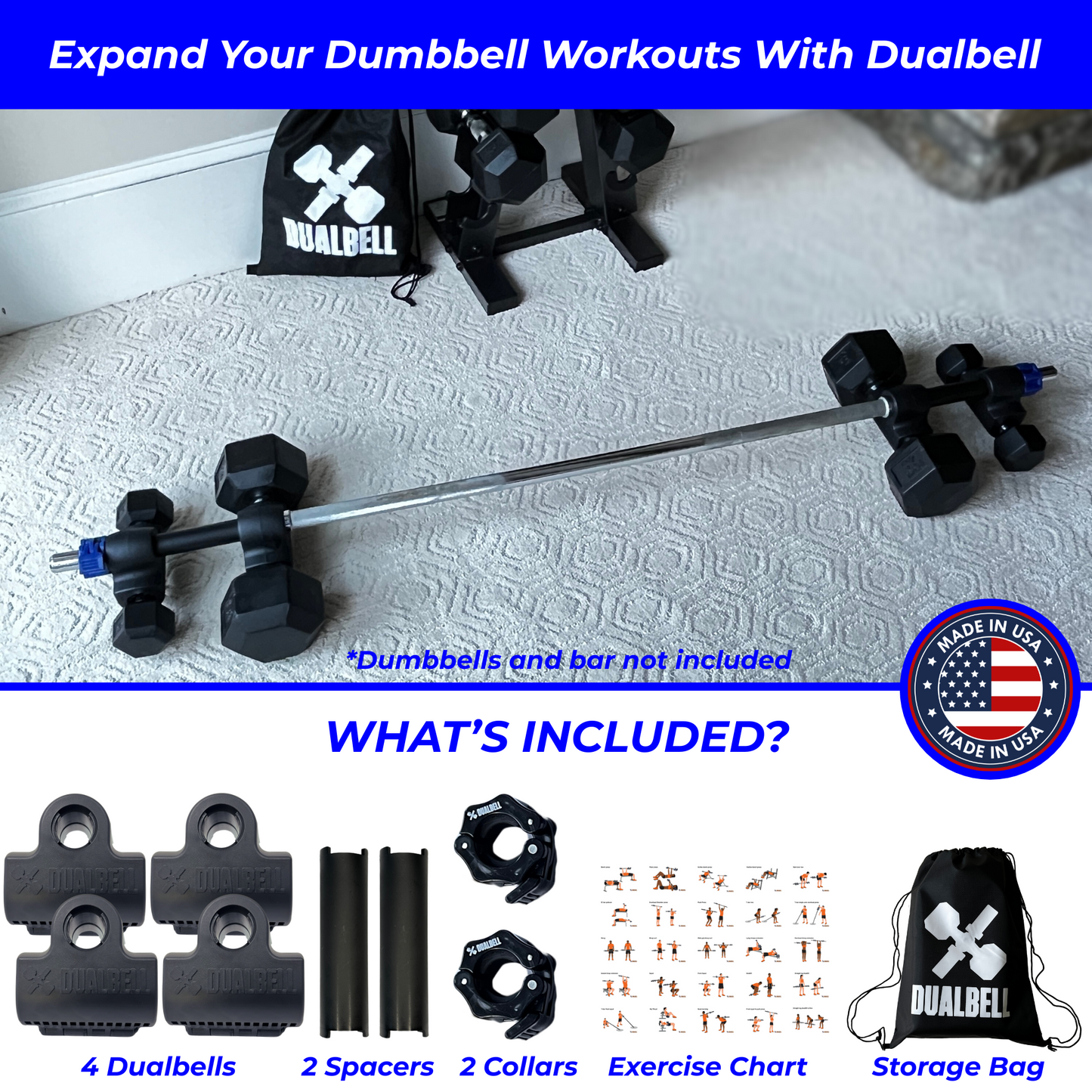 Dualbell Superset Bundle- Dumbbells on Barbell Adapter 4-pack w/barbell clamps
