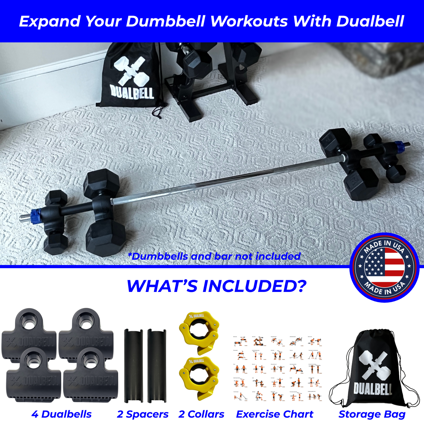 Dualbell Superset Bundle- Dumbbells on Barbell Adapter 4-pack w/barbell clamps