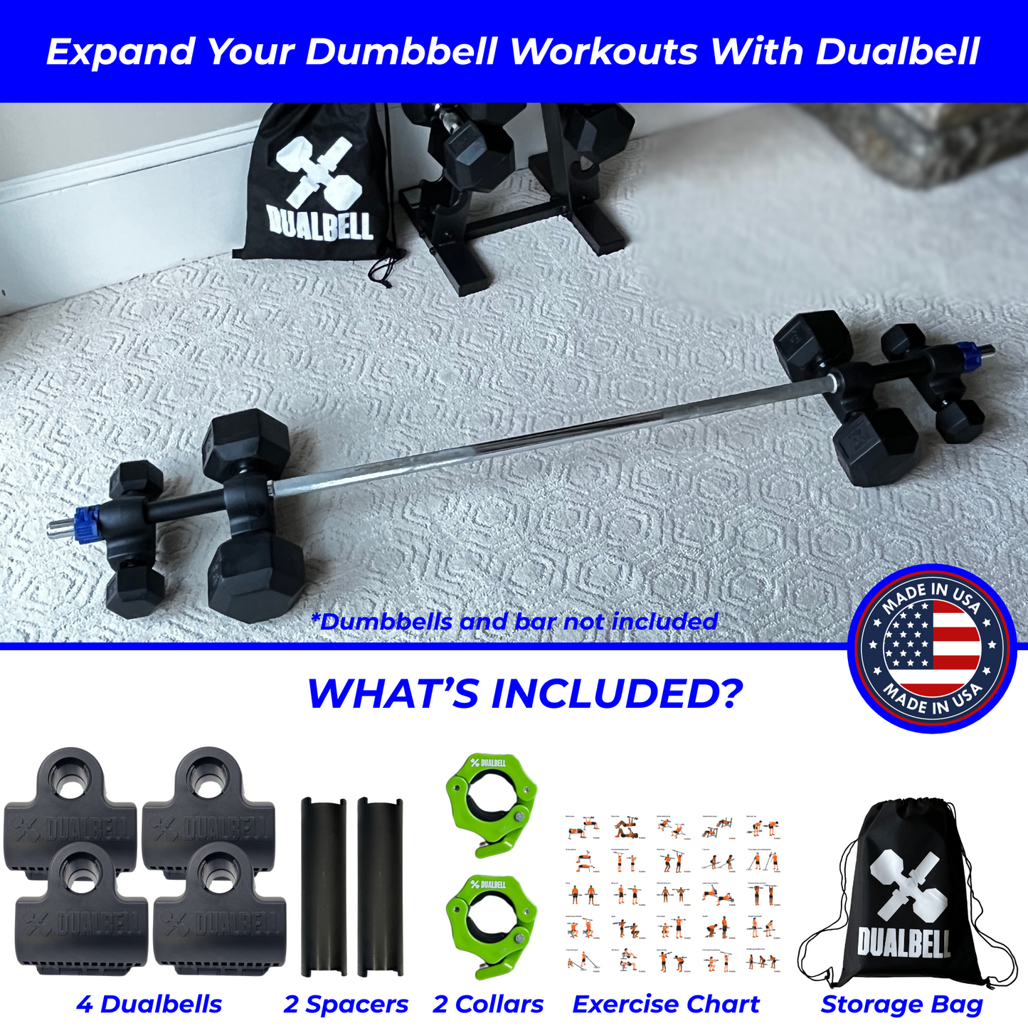 Dualbell Superset Bundle- Dumbbells on Barbell Adapter 4-pack w/barbell clamps