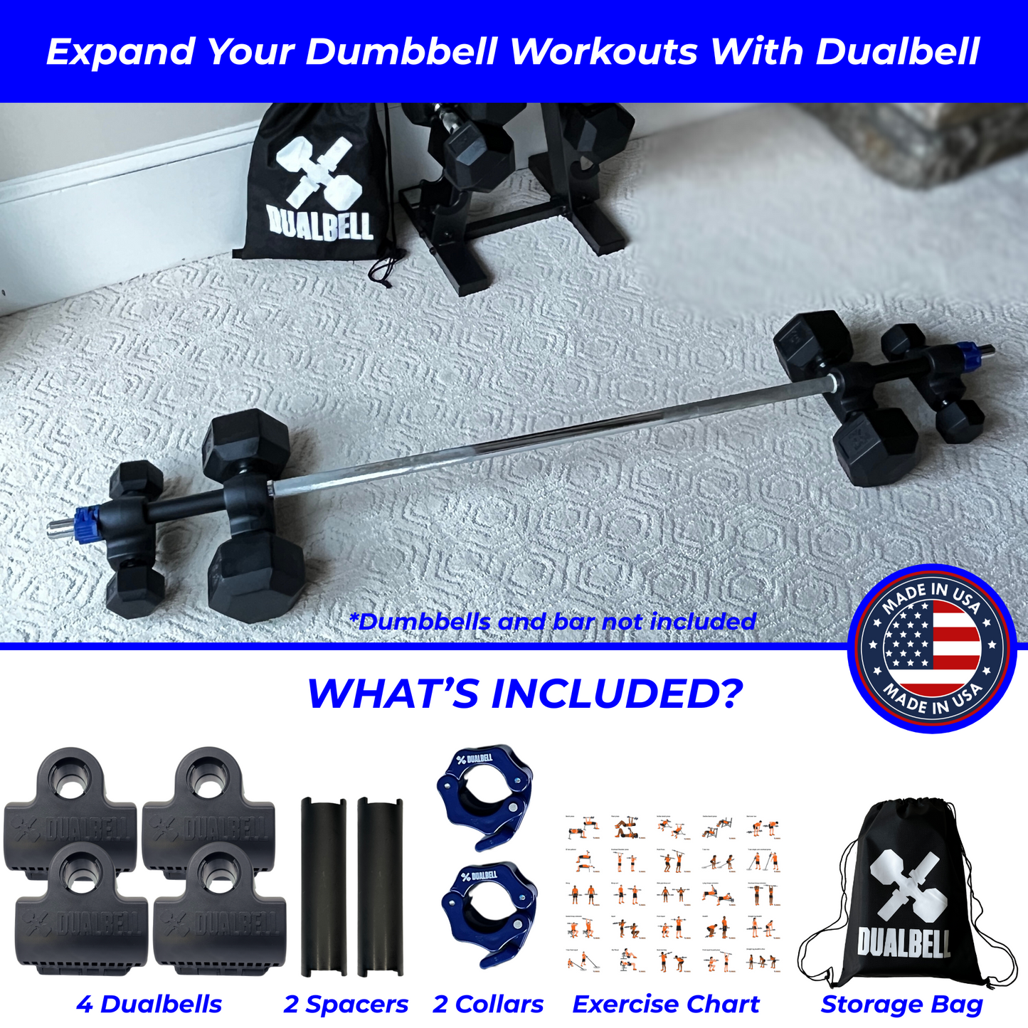 Dualbell Superset Bundle- Dumbbells on Barbell Adapter 4-pack w/barbell clamps