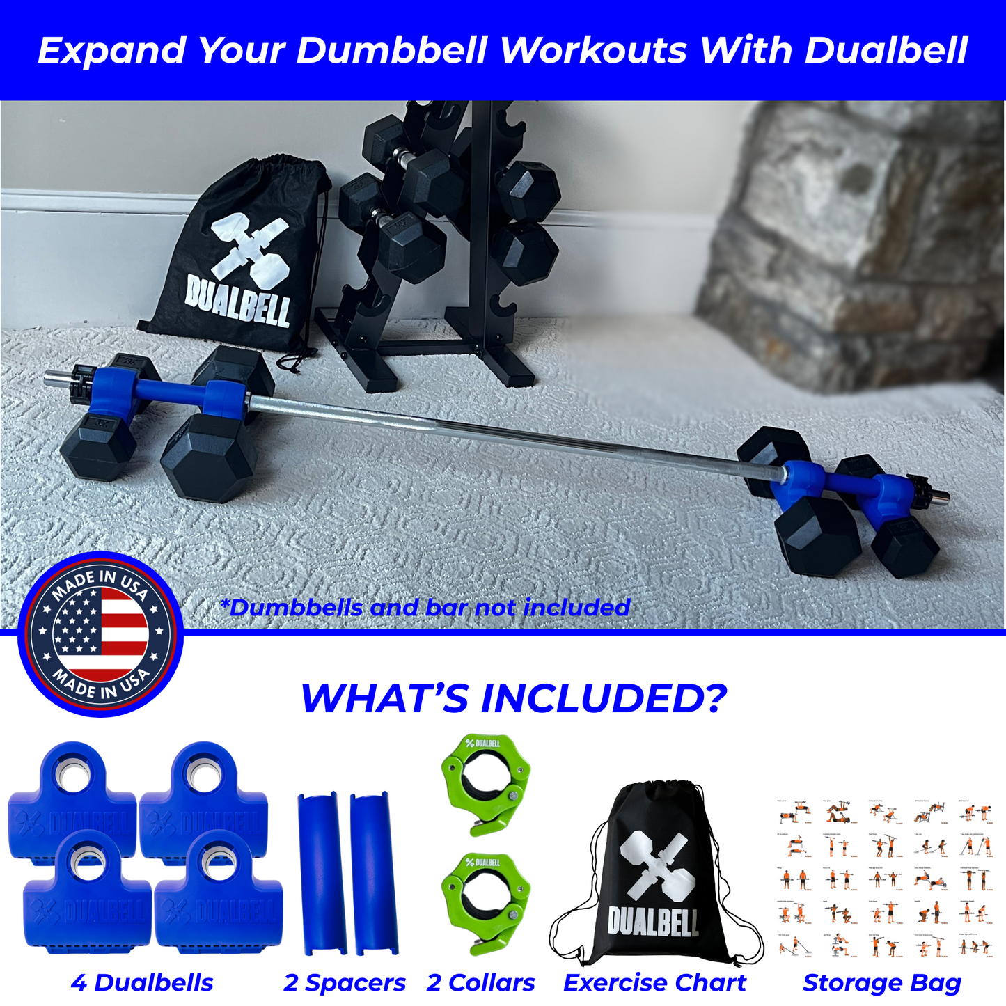 Dualbell Superset Bundle- Dumbbells on Barbell Adapter 4-pack w/barbell clamps