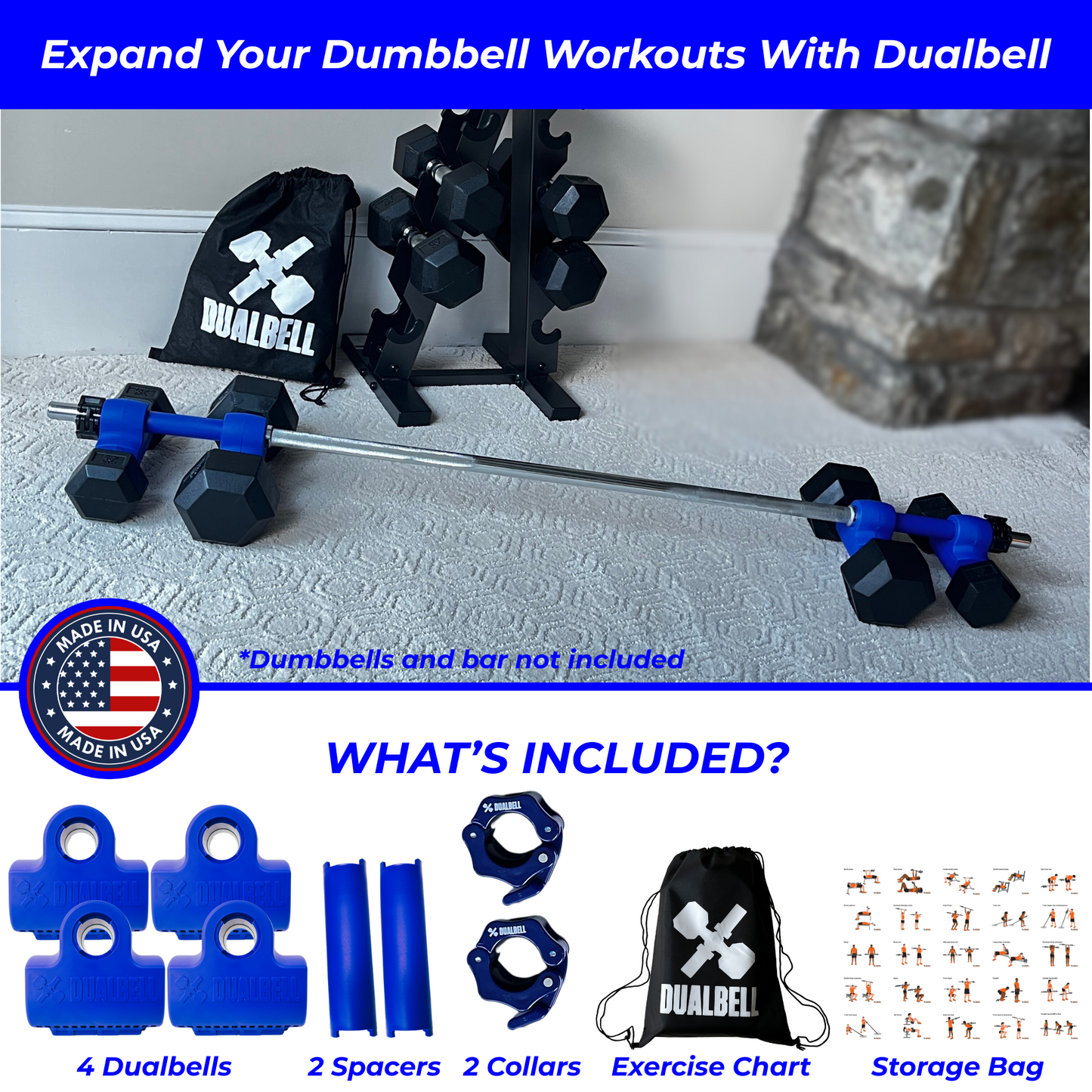 Dualbell Superset Bundle- Dumbbells on Barbell Adapter 4-pack w/barbell clamps