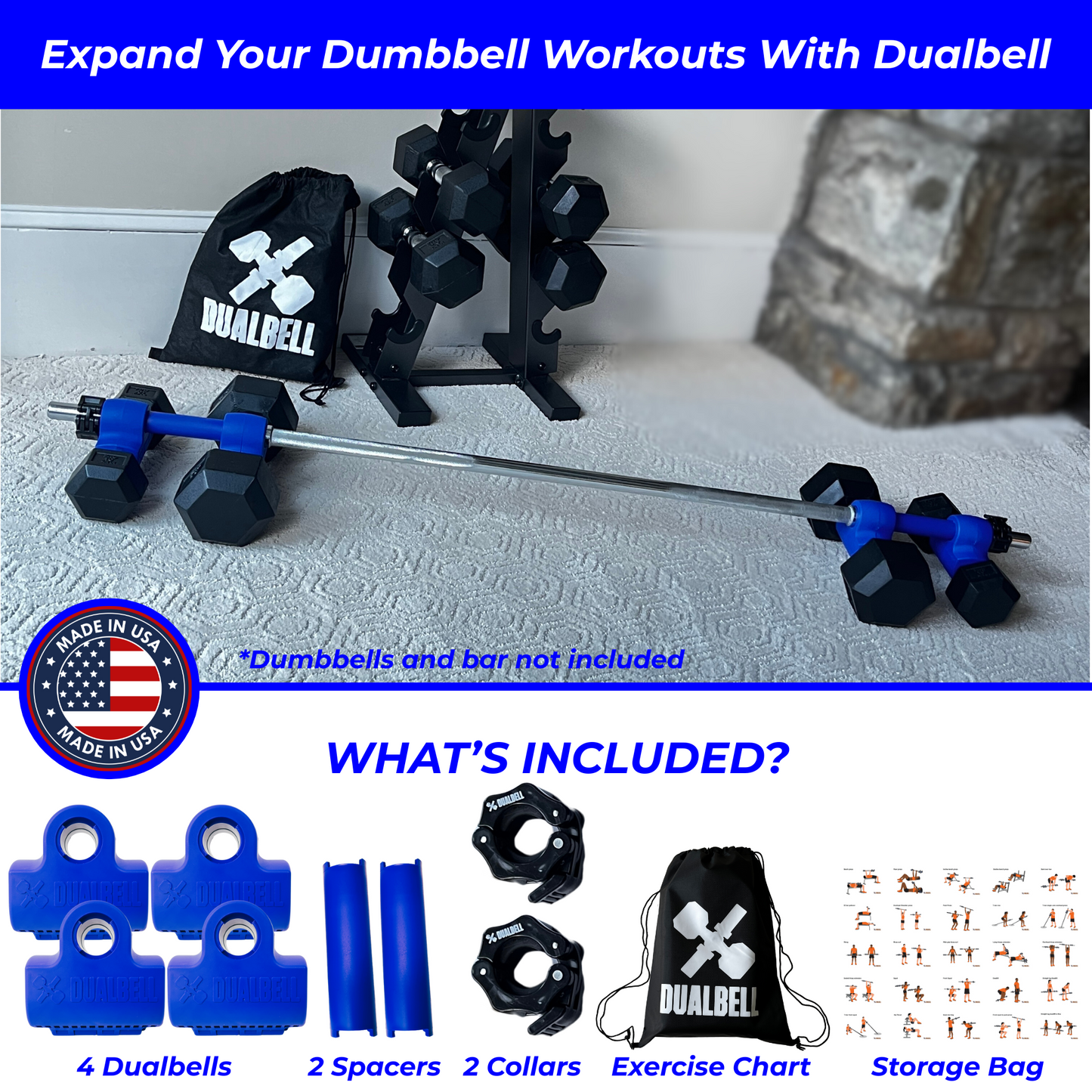 Dualbell Superset Bundle- Dumbbells on Barbell Adapter 4-pack w/barbell clamps