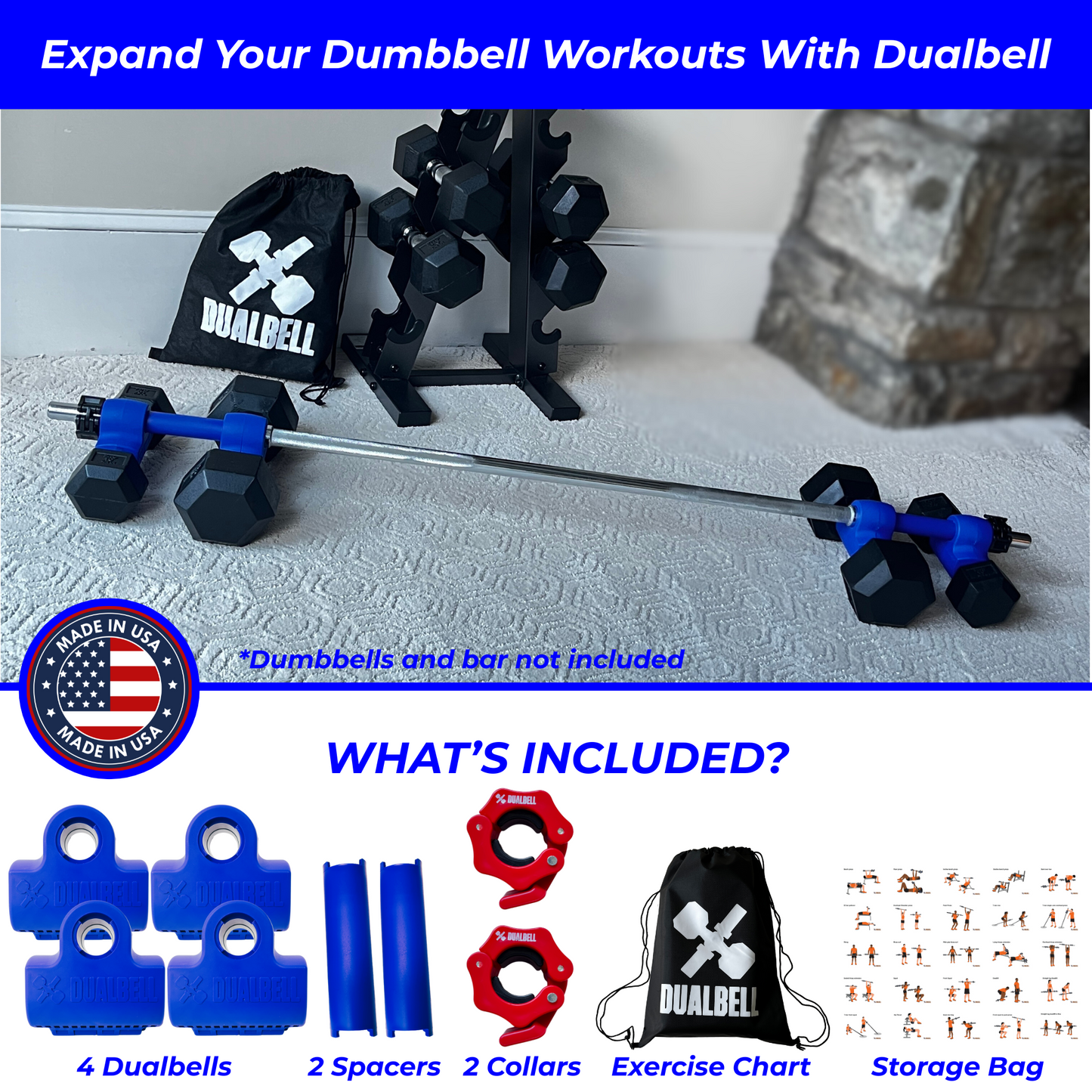 Dualbell Superset Bundle- Dumbbells on Barbell Adapter 4-pack w/barbell clamps