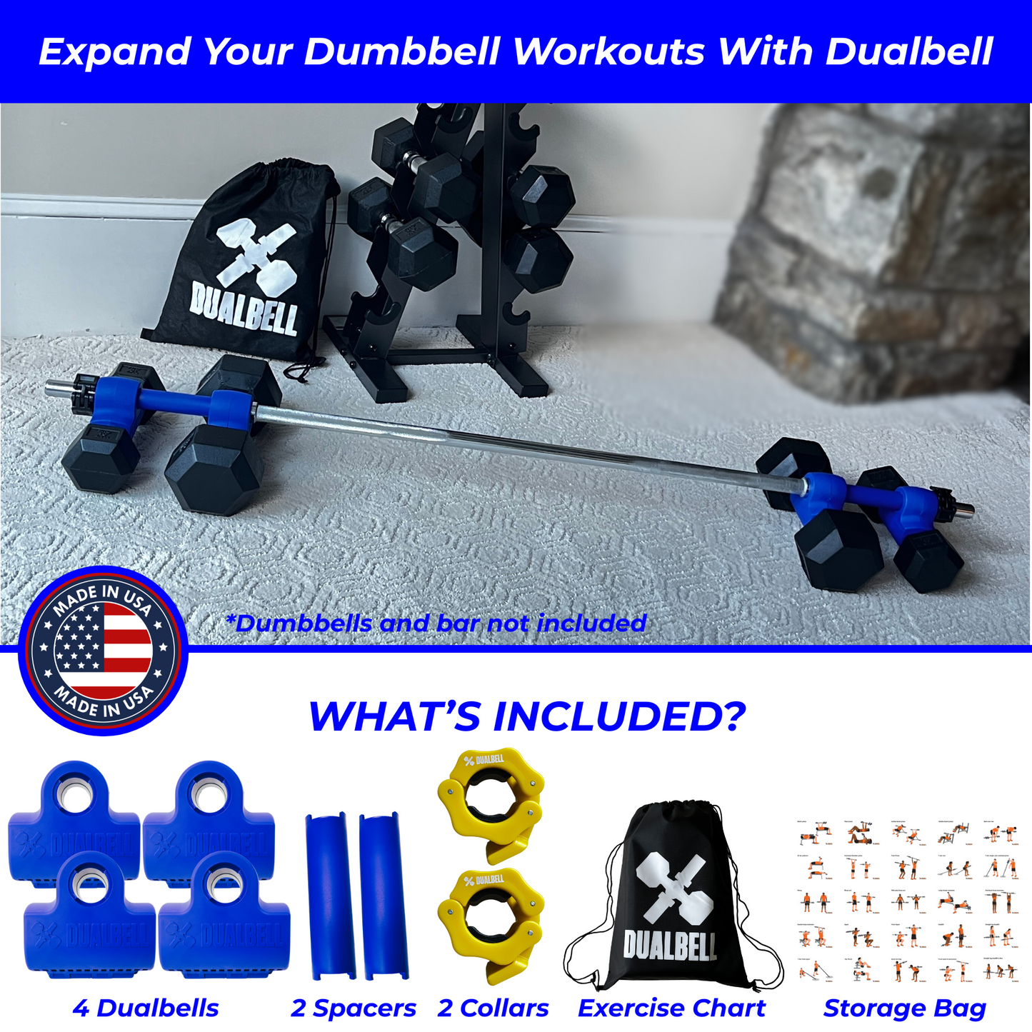Dualbell Superset Bundle- Dumbbells on Barbell Adapter 4-pack w/barbell clamps