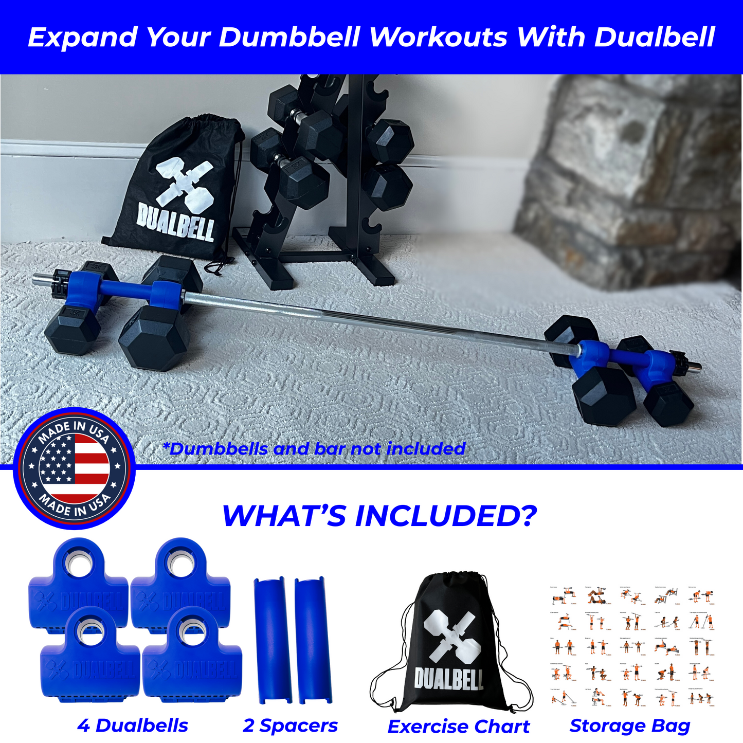 Dualbell Superset Bundle- Dumbbells on Barbell Adapter 4-pack w/barbell clamps