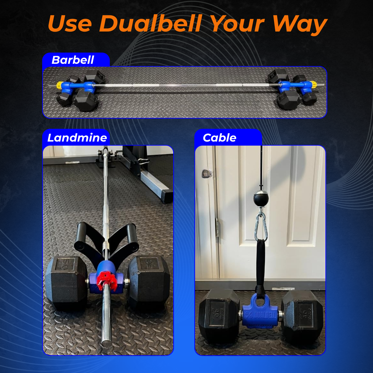 Dualbell Superset Bundle- Dumbbells on Barbell Adapter 4-pack w/barbell clamps