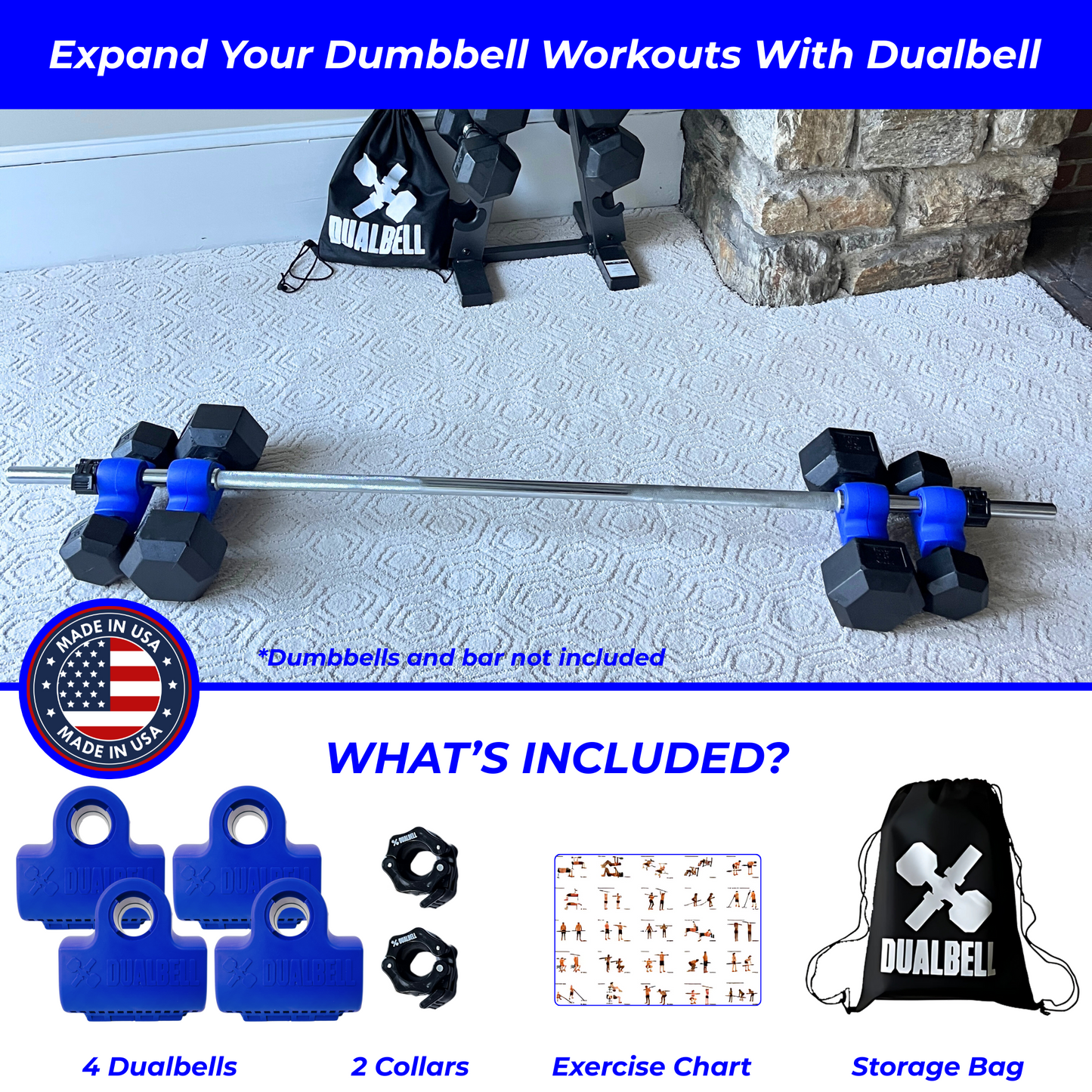 Dualbell Superset Bundle- Dumbbells on Barbell Adapter 4-pack w/barbell clamps