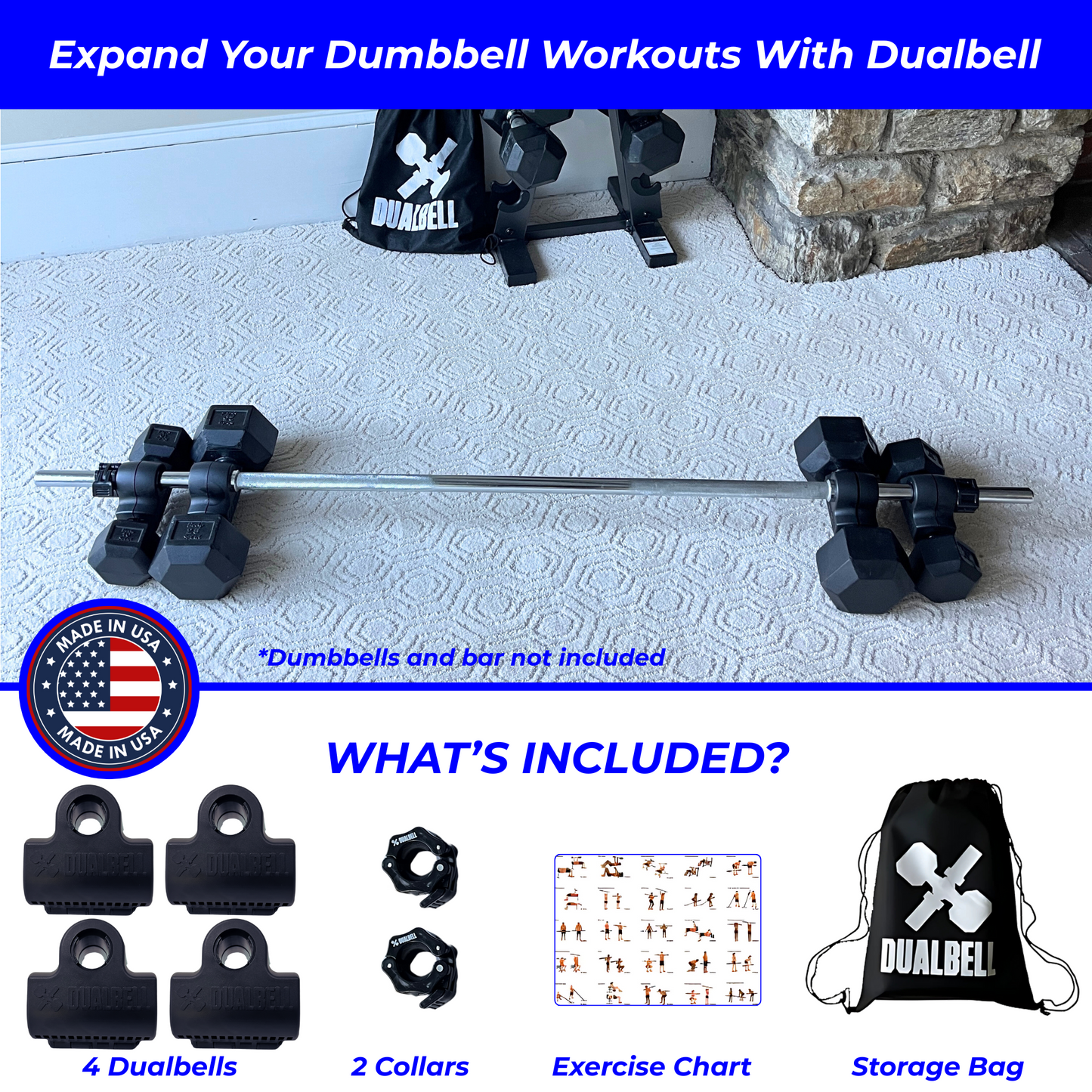 Dualbell Superset Bundle- Dumbbells on Barbell Adapter 4-pack w/barbell clamps