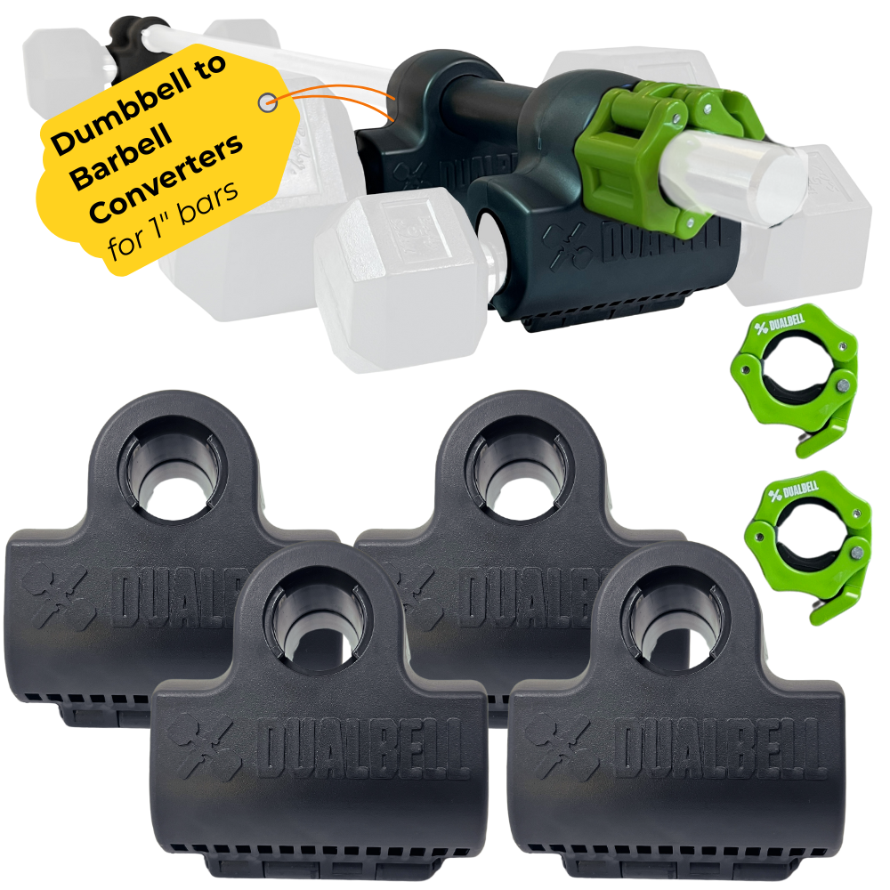 Dualbell Superset Bundle- Dumbbells on Barbell Adapter 4-pack w/barbell clamps
