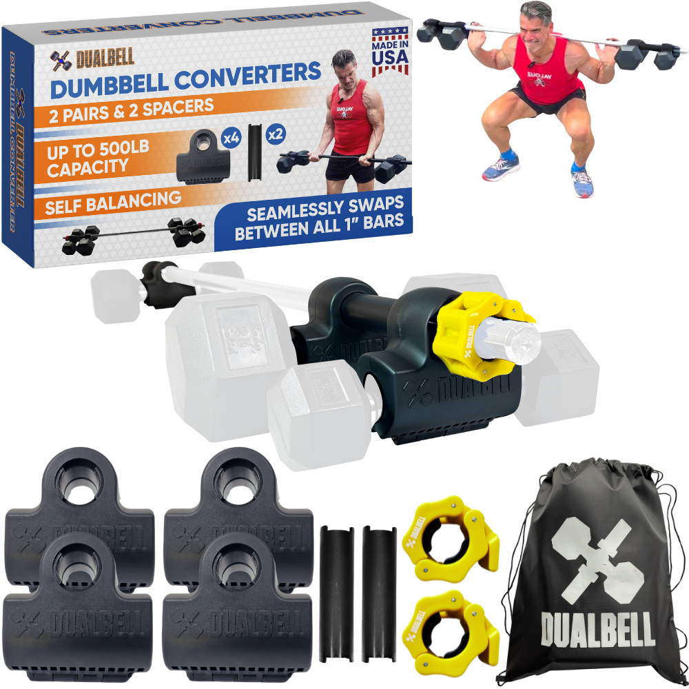 Dualbell Superset Bundle- Dumbbells on Barbell Adapter 4-pack w/barbell clamps
