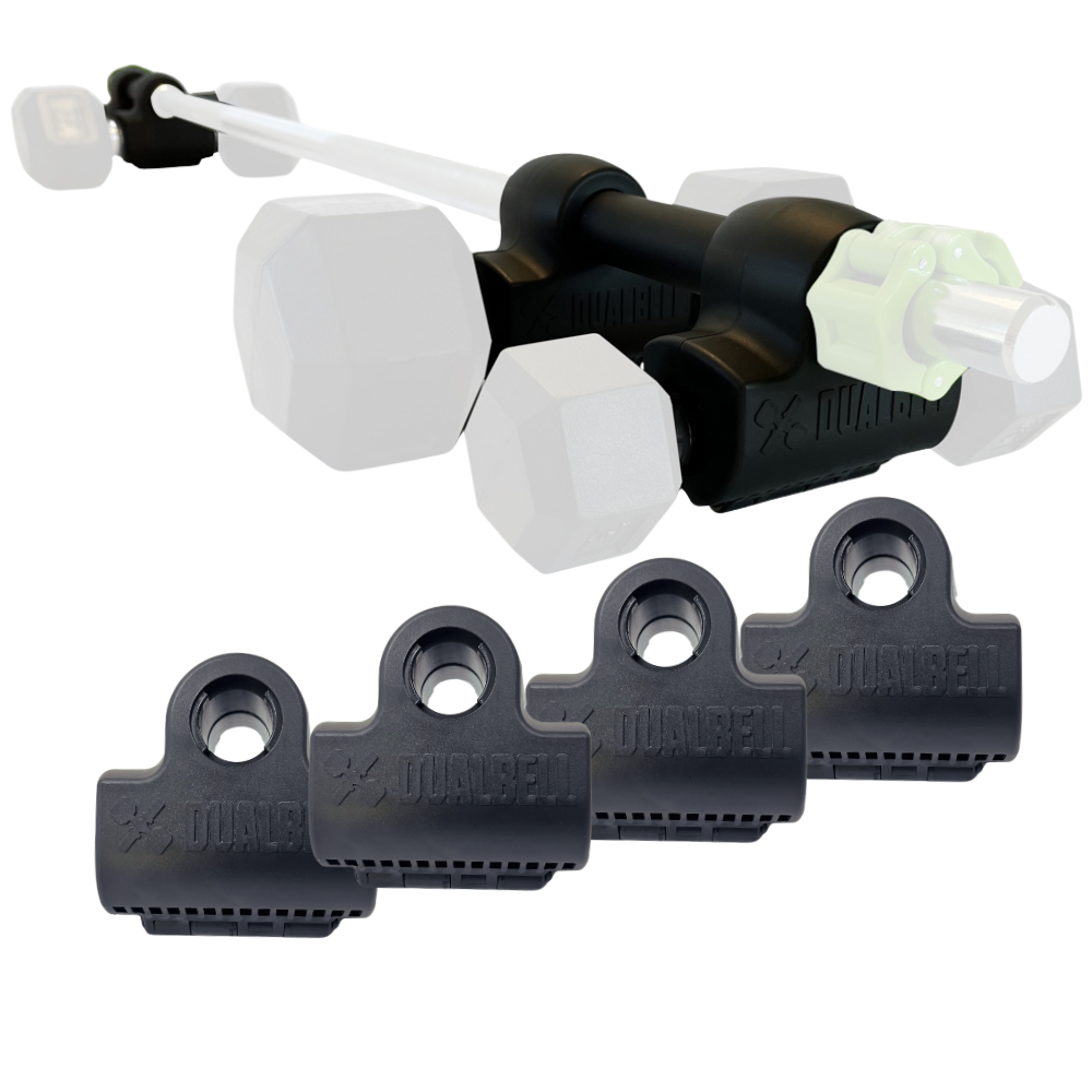 Dualbell Superset Bundle- Dumbbells on Barbell Adapter 4-pack w/barbell clamps