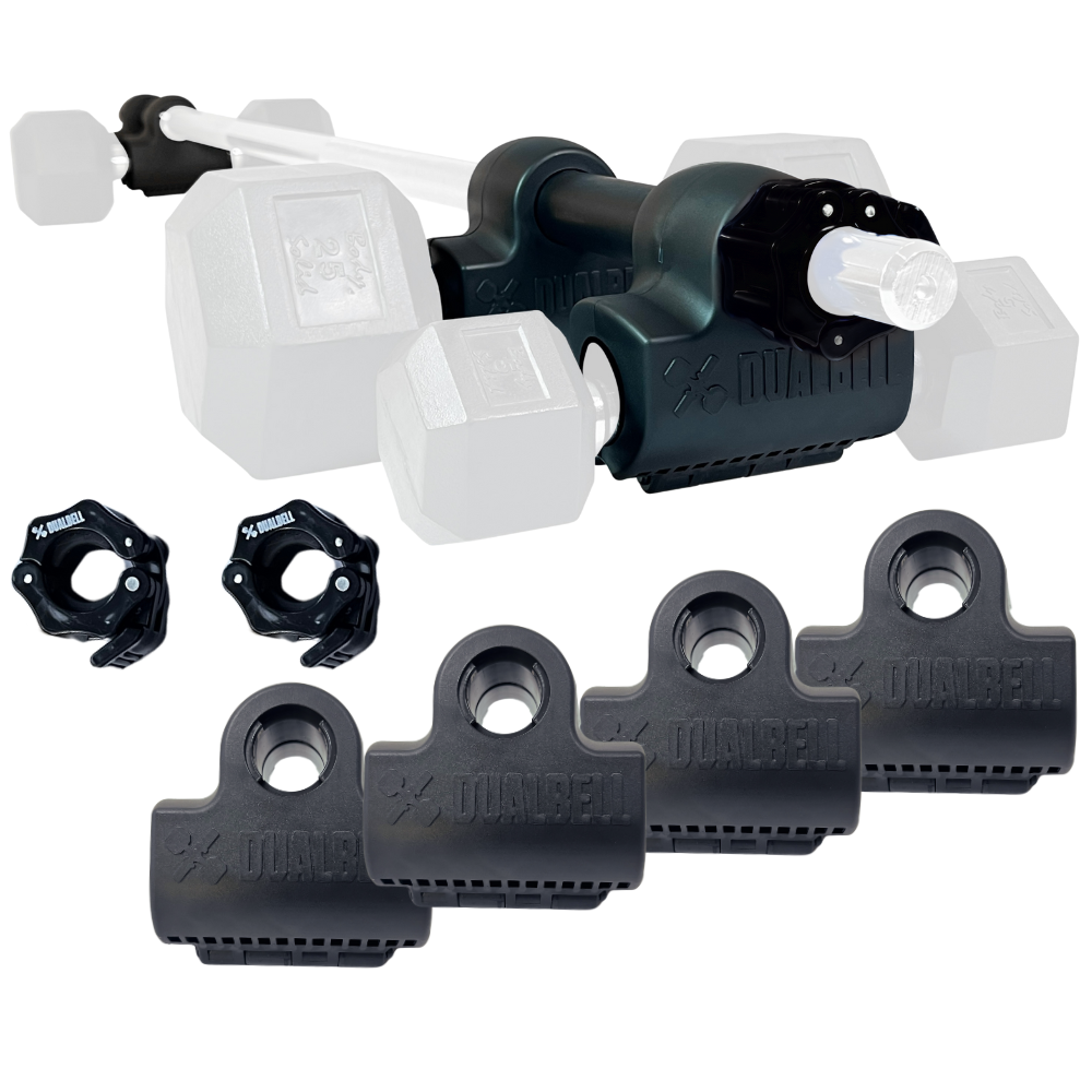 Dualbell Superset Bundle- Dumbbells on Barbell Adapter 4-pack w/barbell clamps