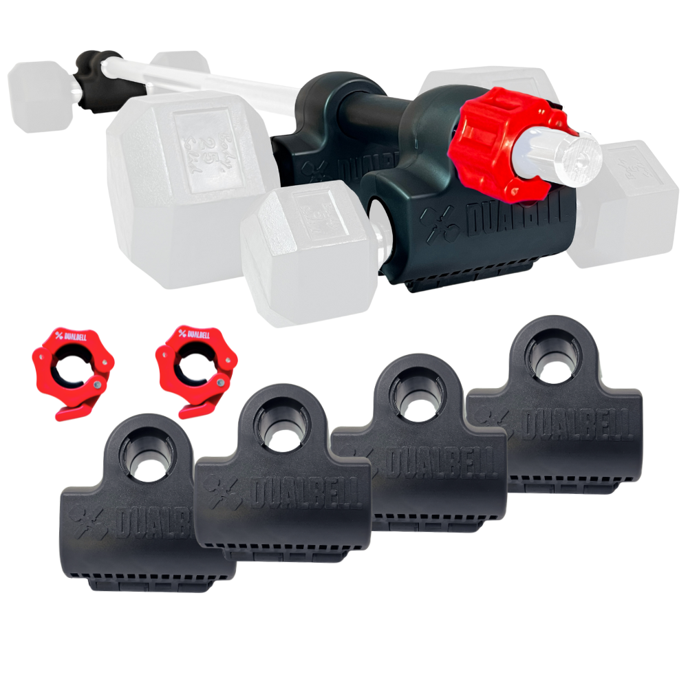 Dualbell Superset Bundle- Dumbbells on Barbell Adapter 4-pack w/barbell clamps