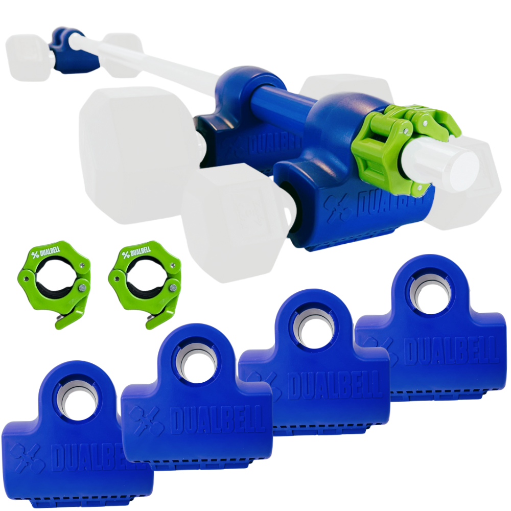 Dualbell Superset Bundle- Dumbbells on Barbell Adapter 4-pack w/barbell clamps