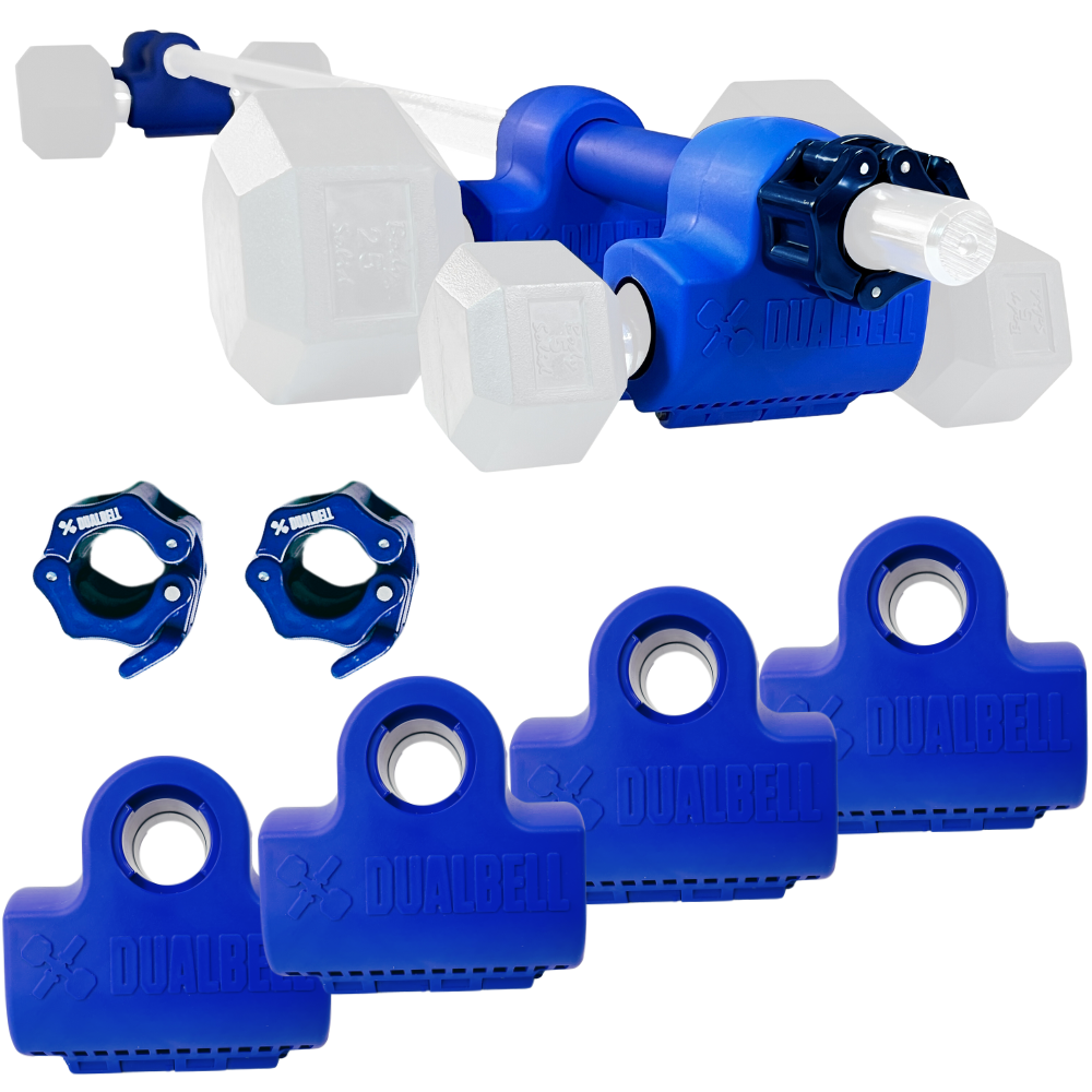 Dualbell Superset Bundle- Dumbbells on Barbell Adapter 4-pack w/barbell clamps