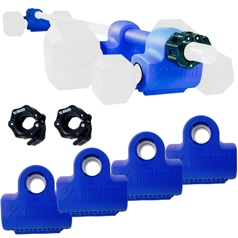 Dualbell Superset Bundle- Dumbbells on Barbell Adapter 4-pack w/barbell clamps