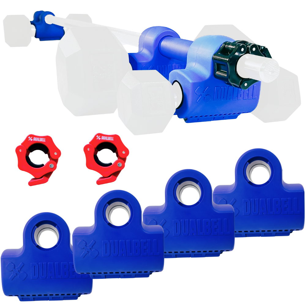Dualbell Superset Bundle- Dumbbells on Barbell Adapter 4-pack w/barbell clamps
