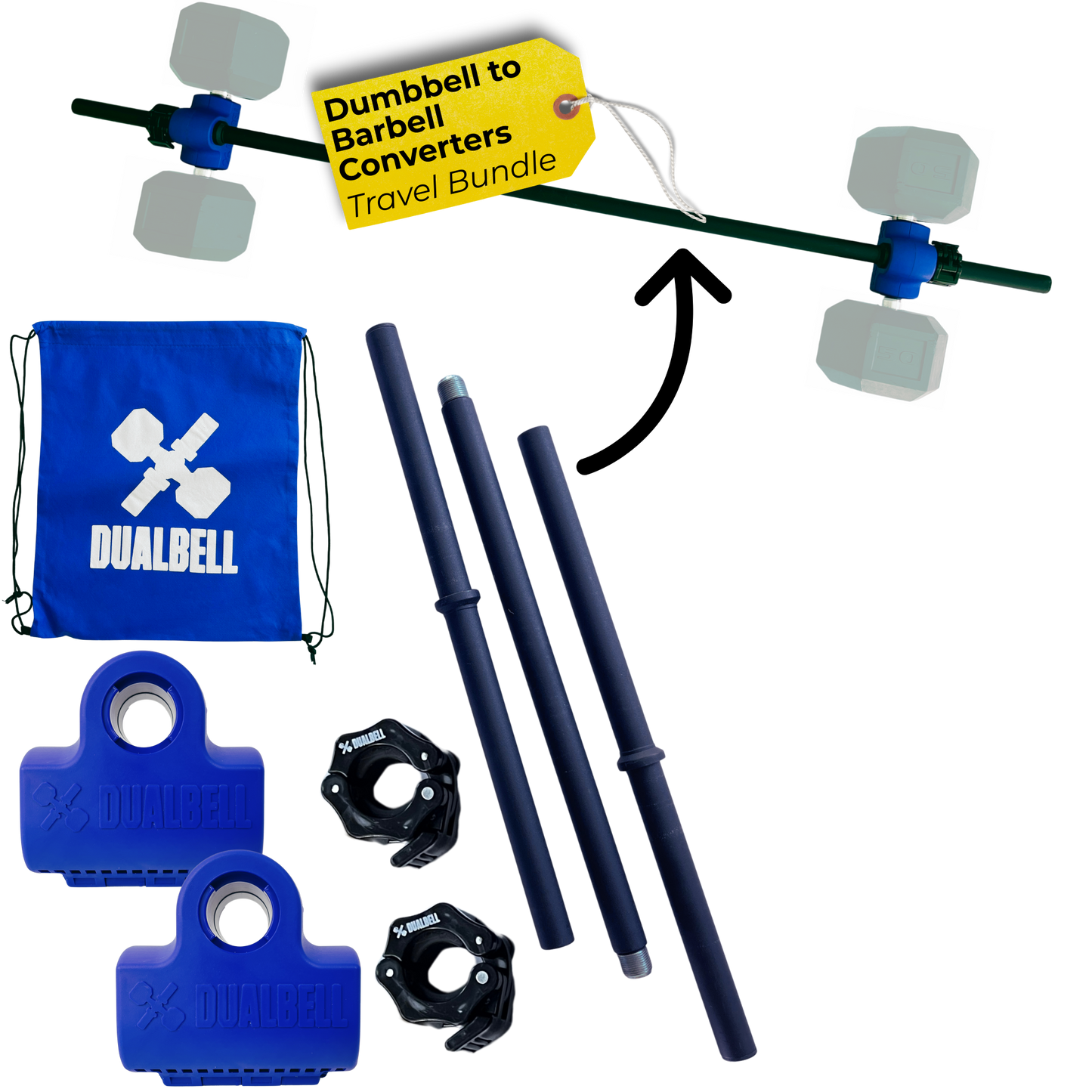Dualbell Pair Travel Bundle- Dumbbell to Barbell Converters w/ 3-piece Bar