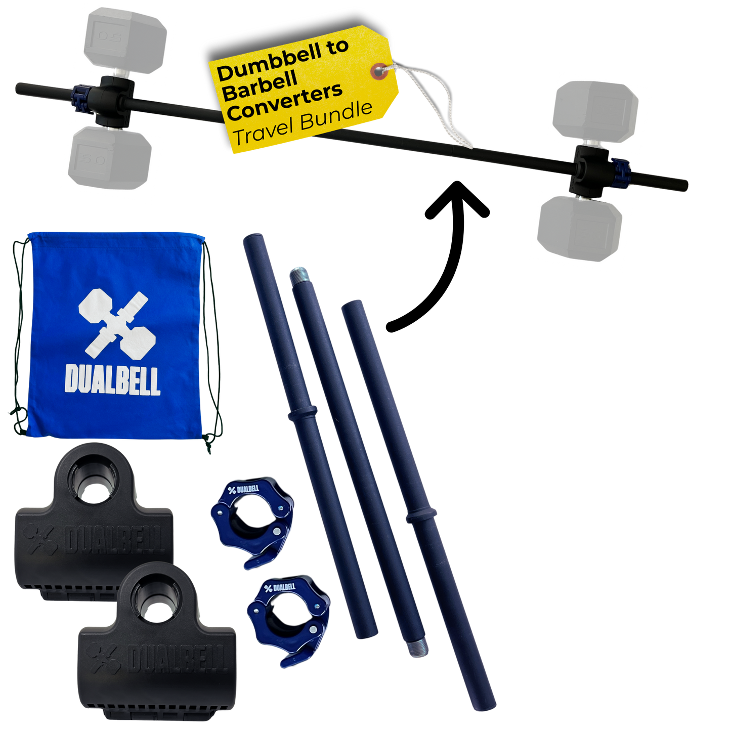 Dualbell Pair Travel Bundle- Dumbbell to Barbell Converters w/ 3-piece Bar