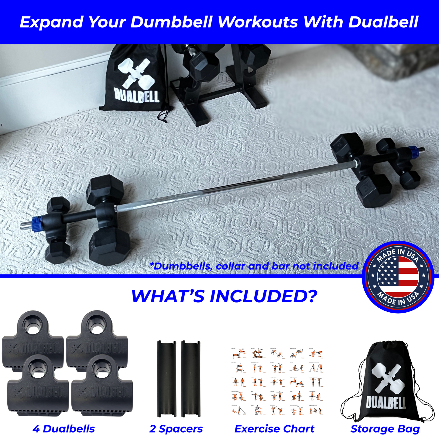 Dualbell Superset Bundle- Dumbbells on Barbell Adapter 4-pack w/barbell clamps