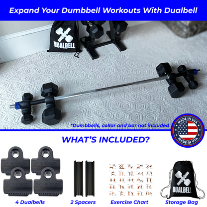Dualbell Superset Bundle- Dumbbells on Barbell Adapter 4-pack w/barbell clamps