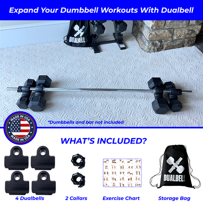 Dualbell Superset Bundle- Dumbbells on Barbell Adapter 4-pack w/barbell clamps