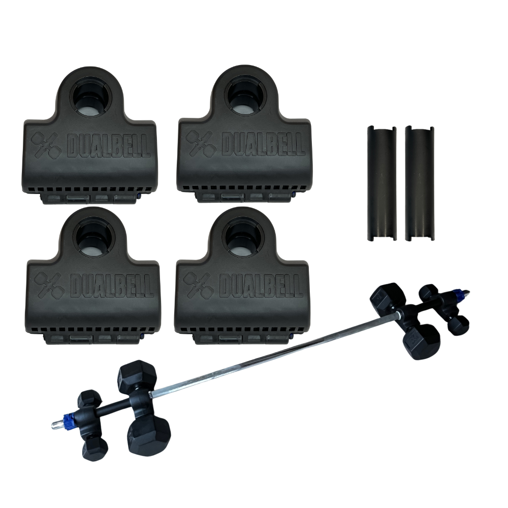 Dualbell Superset Bundle- Dumbbells on Barbell Adapter 4-pack w/barbell clamps