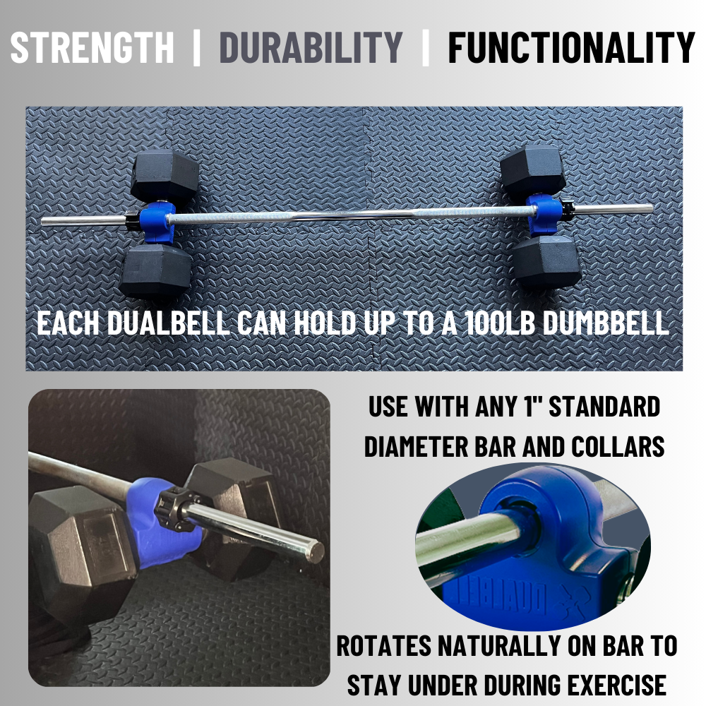 Dualbell Superset Bundle- Dumbbells on Barbell Adapter 4-pack w/barbell clamps