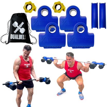 Dualbell Superset Bundle- Dumbbells on Barbell Adapter 4-pack w/barbell clamps