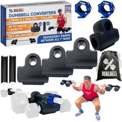 Dualbell Superset Bundle- Dumbbells on Barbell Adapter 4-pack w/barbell clamps