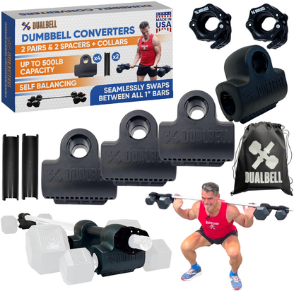 Dualbell Superset Bundle- Dumbbells on Barbell Adapter 4-pack w/barbell clamps