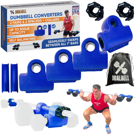 Dualbell Superset Bundle- Dumbbells on Barbell Adapter 4-pack w/barbell clamps