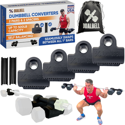 Dualbell Superset Bundle- Dumbbells on Barbell Adapter 4-pack w/barbell clamps