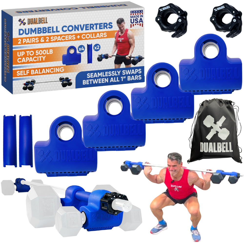 Dualbell Superset Bundle- Dumbbells on Barbell Adapter 4-pack w/barbell clamps