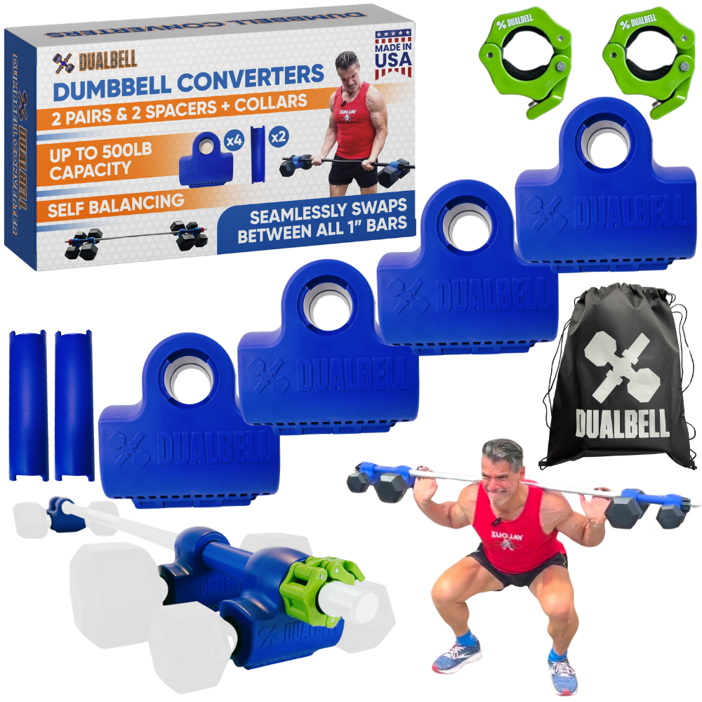 Dualbell Superset Bundle- Dumbbells on Barbell Adapter 4-pack w/barbell clamps