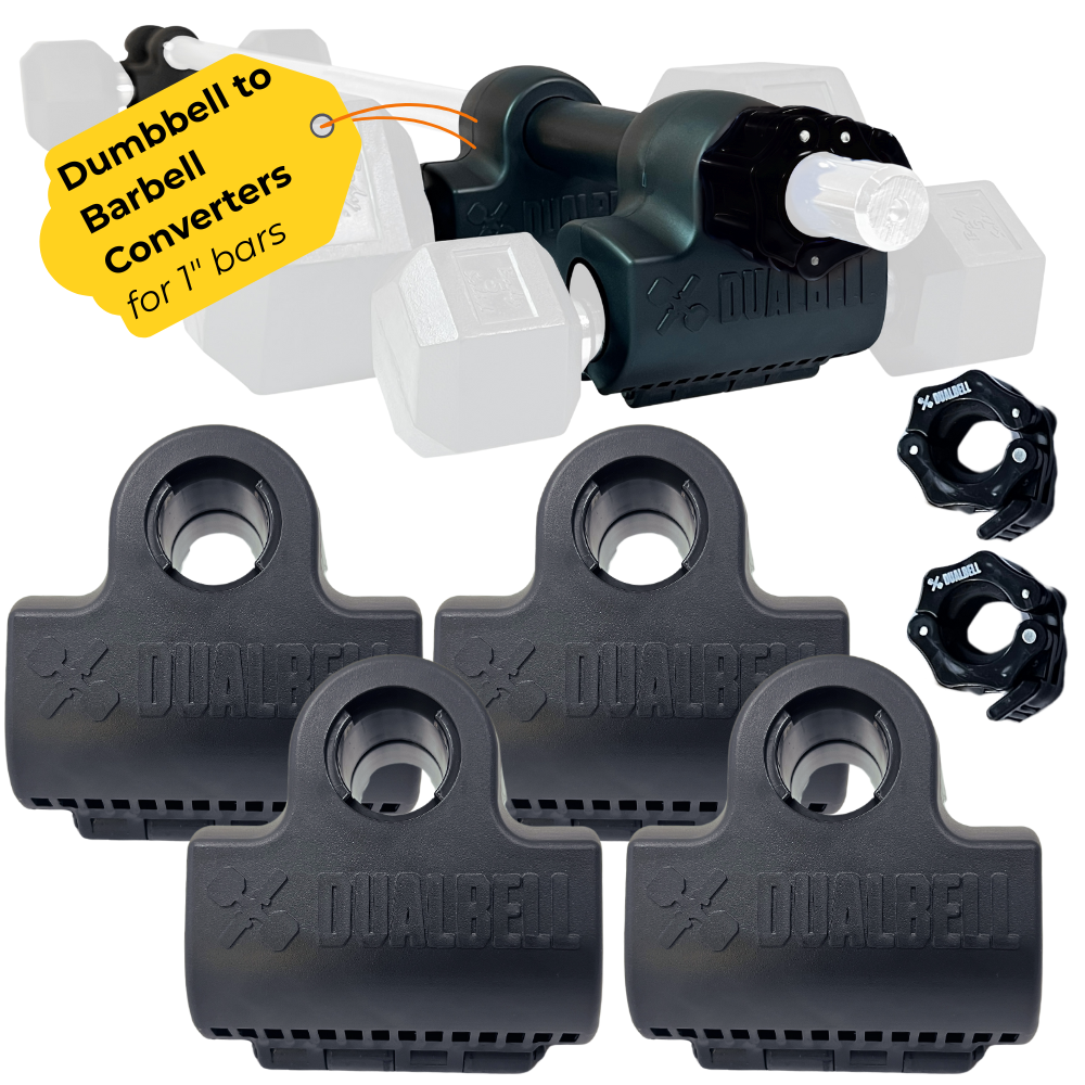 Dualbell Superset Bundle- Dumbbells on Barbell Adapter 4-pack w/barbell clamps