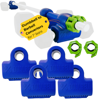Dualbell Superset Bundle- Dumbbells on Barbell Adapter 4-pack w/barbell clamps