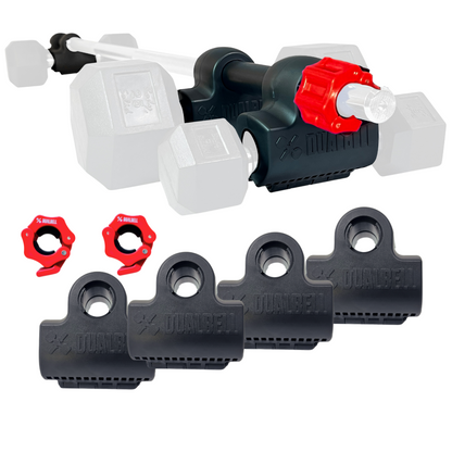 Dualbell Superset Bundle- Dumbbells on Barbell Adapter 4-pack w/barbell clamps