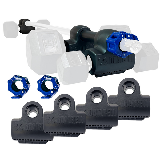 Dualbell Superset Bundle- Dumbbells on Barbell Adapter 4-pack w/barbell clamps