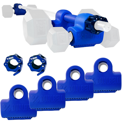 Dualbell Superset Bundle- Dumbbells on Barbell Adapter 4-pack w/barbell clamps