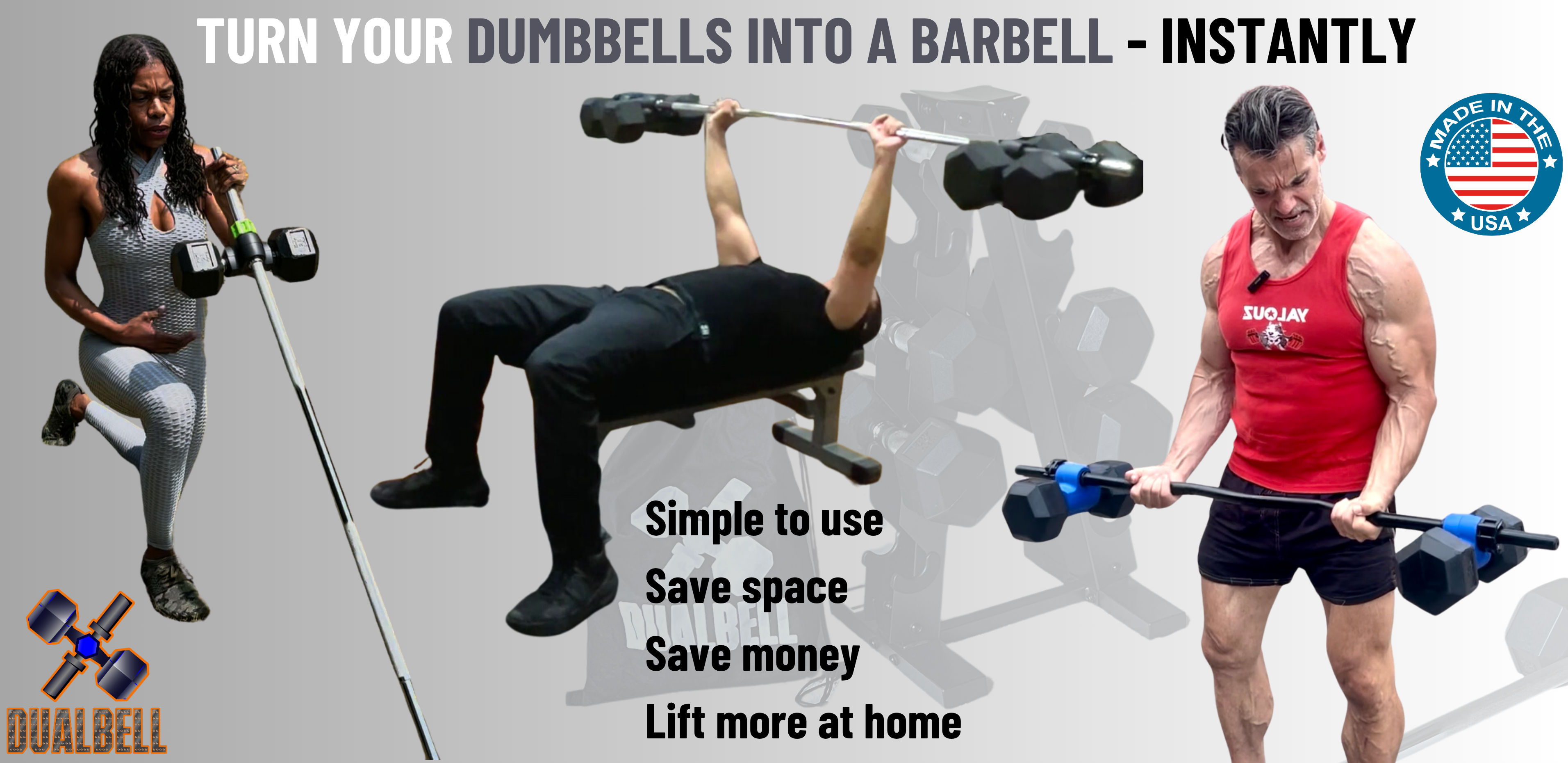 adapt dumbbells to a barbell. Use dumbbells as weight plates.