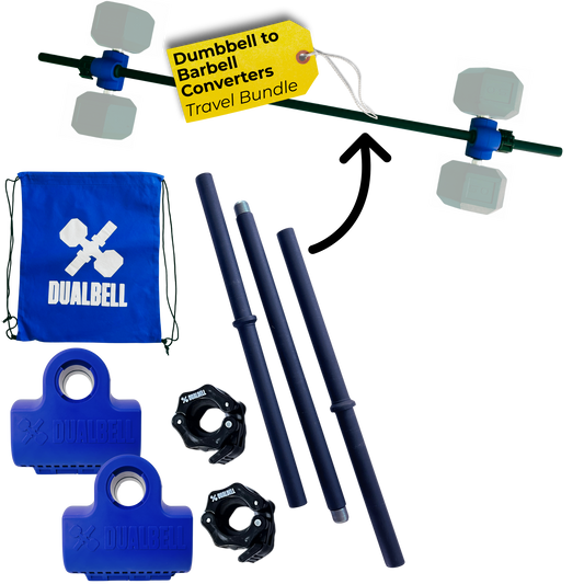 Dualbell Pair Travel Bundle- Dumbbell to Barbell Converters w/ 3-piece Bar