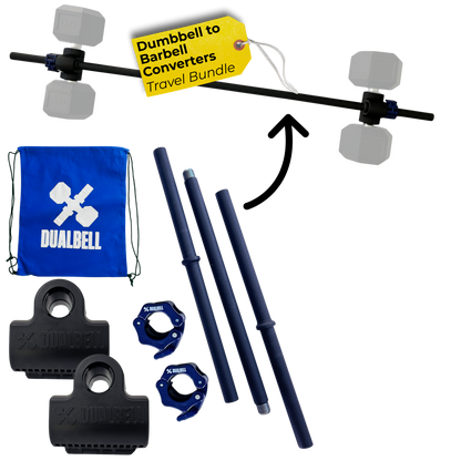 Dualbell Pair Travel Bundle- Dumbbell to Barbell Converters w/ 3-piece Bar