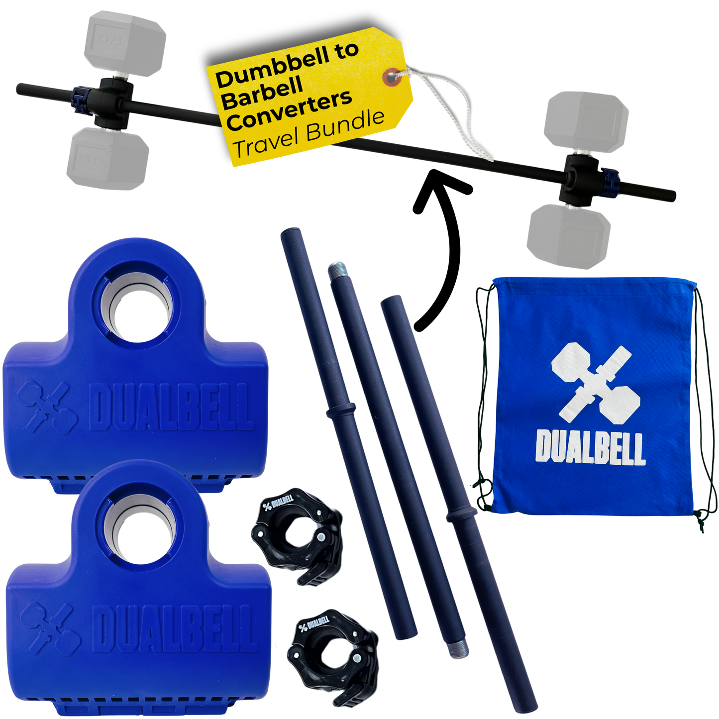 Dualbell Pair Travel Bundle- Dumbbell to Barbell Converters w/ 3-piece Bar