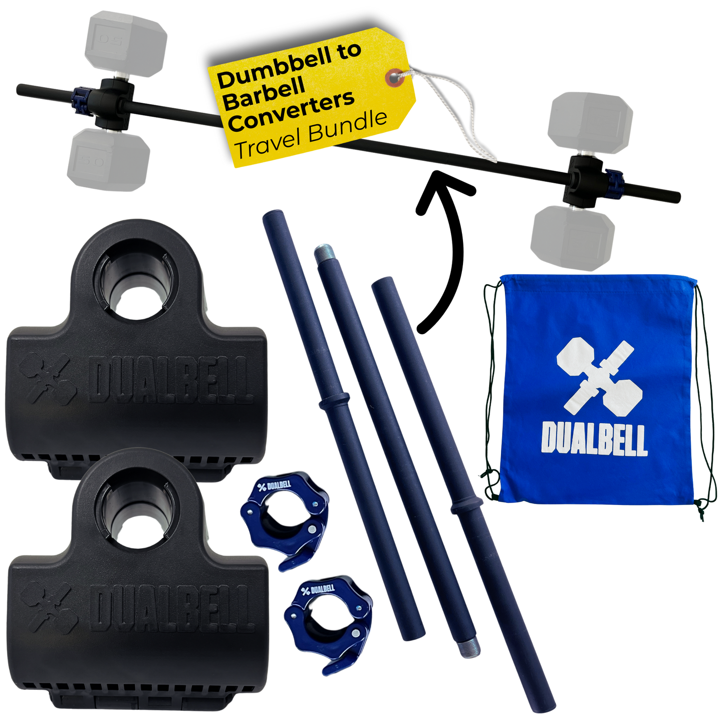 Dualbell Pair Travel Bundle- Dumbbell to Barbell Converters w/ 3-piece Bar