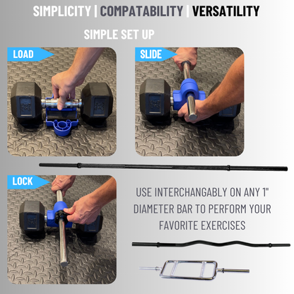Dualbell Superset Bundle- Dumbbells on Barbell Adapter 4-pack w/barbell clamps