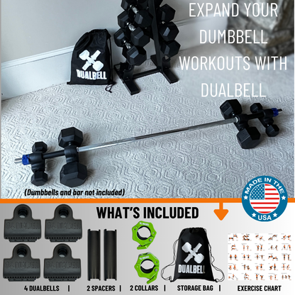 Dualbell Superset Bundle- Dumbbells on Barbell Adapter 4-pack w/barbell clamps