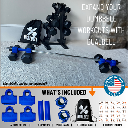 Dualbell Superset Bundle- Dumbbells on Barbell Adapter 4-pack w/barbell clamps